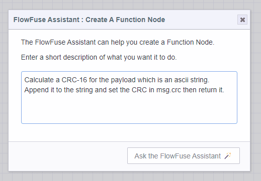 Screenshot showing the "FlowFuse Assistant" dialog box