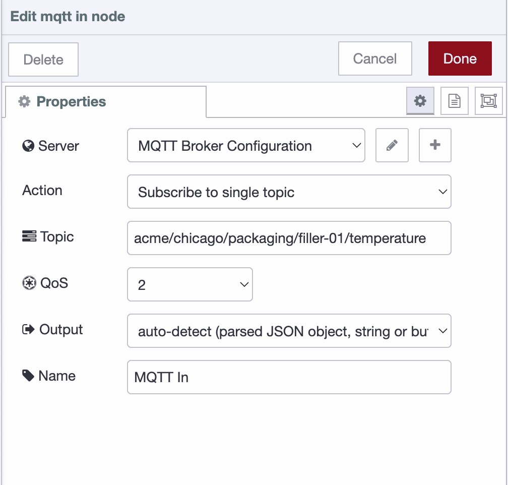 MQTT-in node configuration showing subscription settings with topic field and QoS options